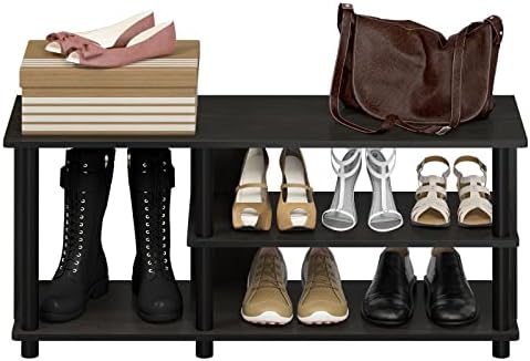 Byrey Rack de sapatos de armazenamento múltiplo compacto de três camadas, madeira, cinza e preto