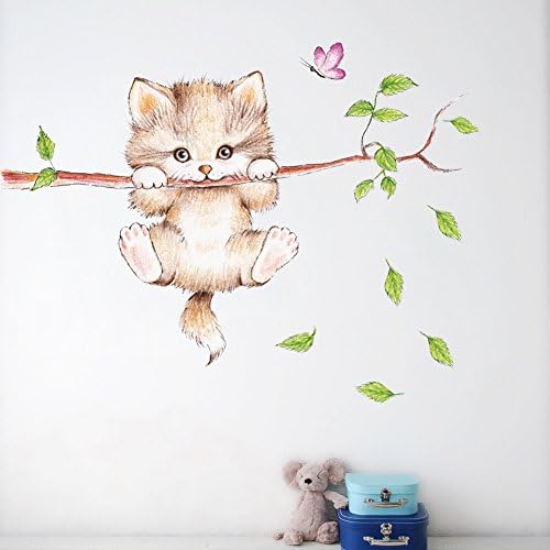 Amaonm desenho animado gato fofo nos galhos de árvores decalques de parede decalques removíveis adesivos
