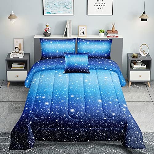 Rowadalo 5 peças gradiente azul glitter brusques conjuntos de edredom de tamanho duplo Galaxy Starry Sky Sky