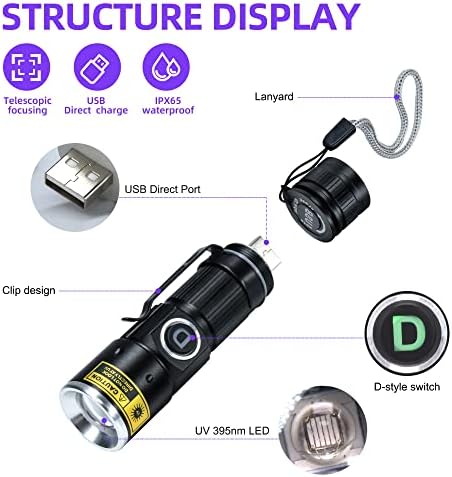 Darkdawn UV 395nm lanternas claras Usb Recarregável Ultravioleta LED LED Blacklight Mini Lâmpada
