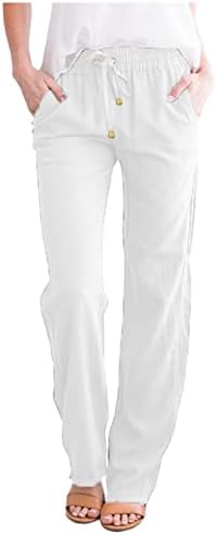 Calças de linho de algodão casual de verão para mulheres calças de perna larga com bolsos soltos Fit Pure
