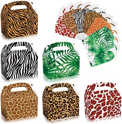 12 PCS Jungle Safari Animal Party Decorations Boxes, Zoo Animal Supplies Bags Sacos Folhas Vida Selvagem Tiger Tiger Zebra Prind Print Caixas de Candy Caixas de Candros