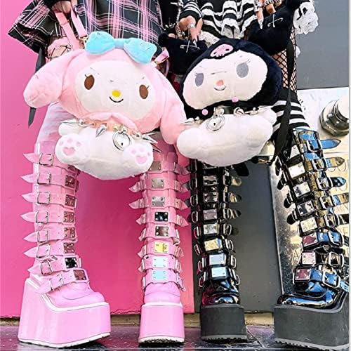 Hindola Plataforma feminina Punk Goth Botas de bezerro intermediário Botas de salto alto de salto alto do joelho