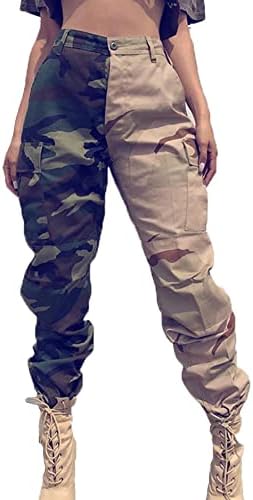 Calça de carga de camuflagem de Vakkest feminina alta cintura alta as calças fit camuflagem de bolso de