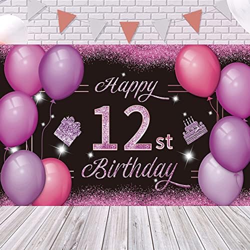 Feliz 12º aniversário Banner Pink Purple 12º placar de 12º Poster de 12 anos de festa de aniversário