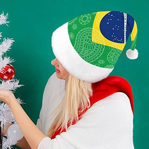 Brasileiro Paisley Bandeira Plexh Chattle Chat de Chapéus de Papai Noel com Brim de pelúcia e Decoração de Natal