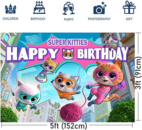 Super Cat Feliz Aniversário Caso -cenário, Super Hero Cat Birthday Party Supplies Banner de Parabéns para Comemorar,