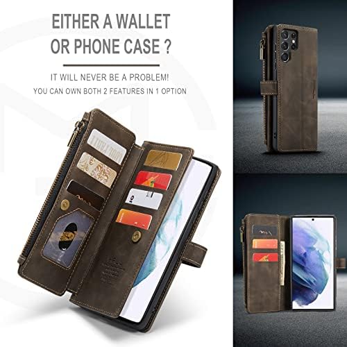 Caso Haii para Galaxy S22 Ultra, Caixa de carteira de couro flip com 10 cartas de zíper com zíper de zíper -de
