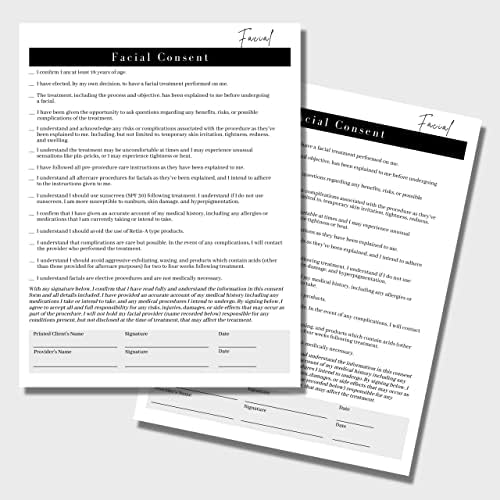Ingestão facial, consentimento e forma de pós -tratamento | 75 pacote | 8,5 x 11 A1 Formulários | Assinatura