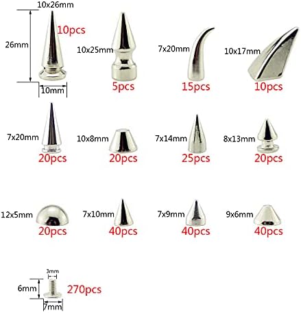 Idiyclub 265 Define vários designs Screwback Screwback Silver Punk Spikes and Studs Kit Rivetes de cone de metal