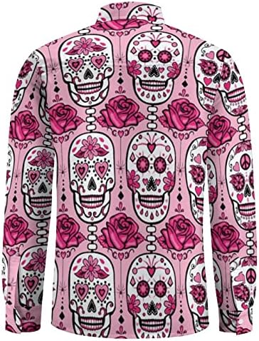 Crânio de açúcar rosa casual manga longa botão para baixo de camisa de camisa de camisa praia de praia para homens