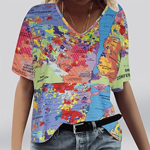Mapa gráfico relaxado blusa de ajuste para senhoras outono de verão de manga curta v golex spandex blusas adolescente