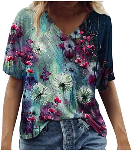 Camiseta de verão para mulheres Moda Tie Dye Floral Bloups Vicresd V Neck Short Manga Tees Longe Tops casuais