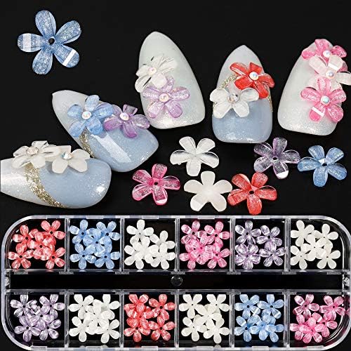 60 PCs Flor Flor Nail Art Charms Glitter Decoration 12 Cores 3d Flor de unhas Decalques planos