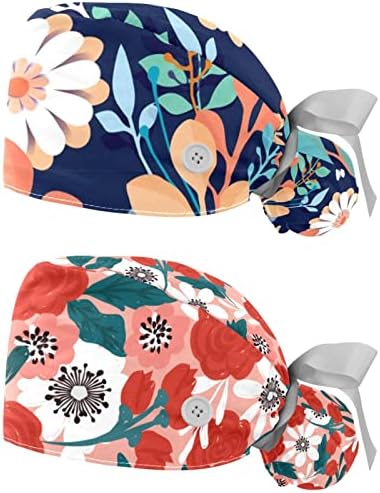 Flores florais 3D Scrub Hats for Women Hair Long Working Cap com Button & SweatBand Unissex Treath