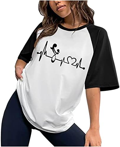 Camiseta feminina Crew pescoço solto Bloco de cor de ajuste 2023 Moda casual de verão Blusa de