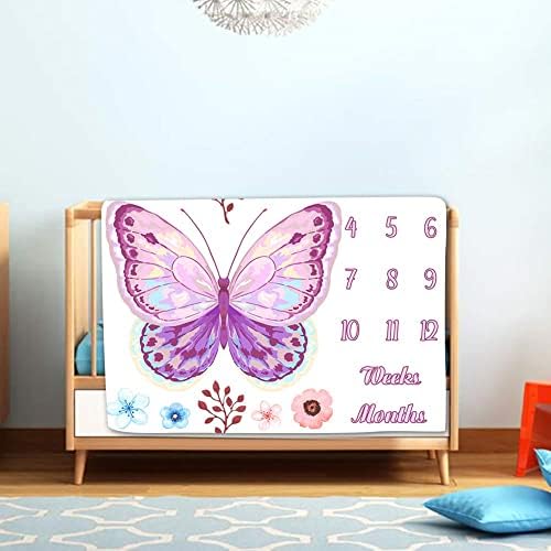 Lylycty Baby Monthly Milestone Blanket, Rosa Butterfly Flor Princesa Baby Blange Girl, 48x40 polegadas