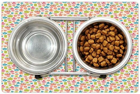 Lunarable Tea Party Pet Tapete Para comida e água, Ilustração do tema do tempo do chá de canecas de chaleira
