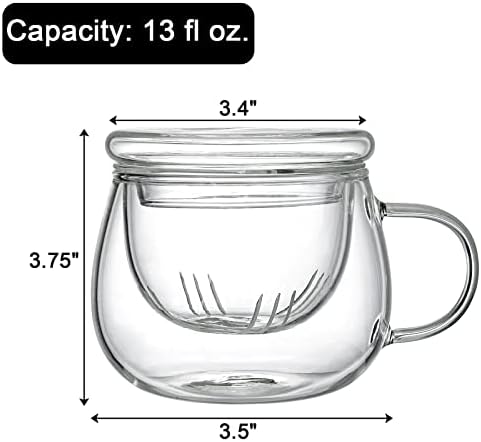 Tosnail 2 pacote de 13 onças de copo de chá de vidro com tampa e conjunto de infusadores de chá, canecas