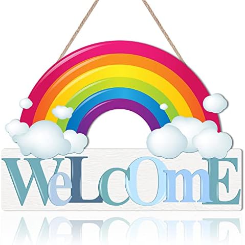 Rainbow Wooden Welcome Sign - Rainbow Cloud Cute Berçário Signos pendurados Welcome Placa de parede Placa