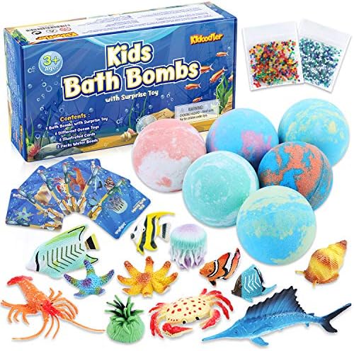 2023 bombas de banho para crianças com brinquedos surpresa dentro - 6 bombas de banho com efervescentes com 12 brinquedos engraçados do oceano e miçangas, presente de aniversário natural e orgânico