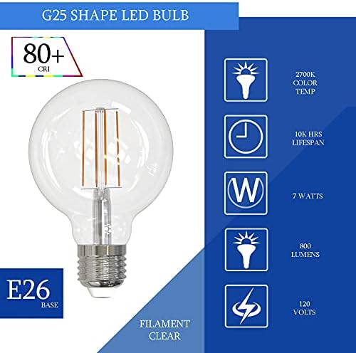 LED LED LED G25 Lâmpadas diminuídas, 7W = 60W, 2700K, E26 Globe Bulbs, 800 lúmen, acabamento claro de 120V