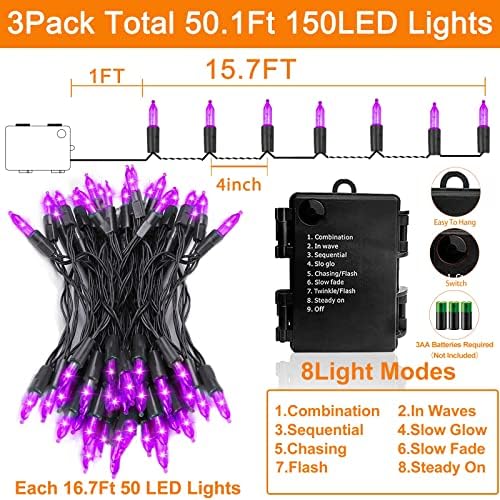 Turnmeon [3 pacote e 8 modos] Halloween Lights Decorações Total de 50,1ft 150 Timer de bateria LED Mini