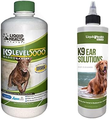 LiquidHealth 32 oz Glucosamina líquida Nível 5000 Limpador de orelha de cachorro, caninos grandes e raça condroitina,