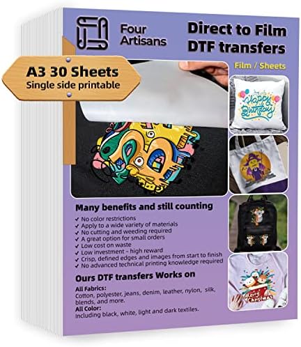 Fartisans DTF Filme de transferência 30 folhas A3, fosco direto para impressão de filmes em camisetas,