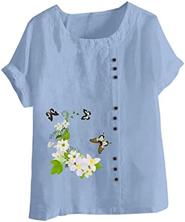 Camiseta de linho de pescoço de barco para mulheres de manga curta Flor gráfico de grandes dimensões Blusa casual
