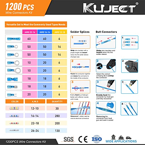 Kuject 1200pcs Conectores de fio de encolhimento de calor, kit de terminais de fio elétrico à prova d'água
