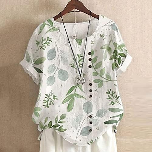 Mulheres Camisa de manga curta Crewneck Boat Linho de linho de algodão gráfico floral vitoriano Top camiseta