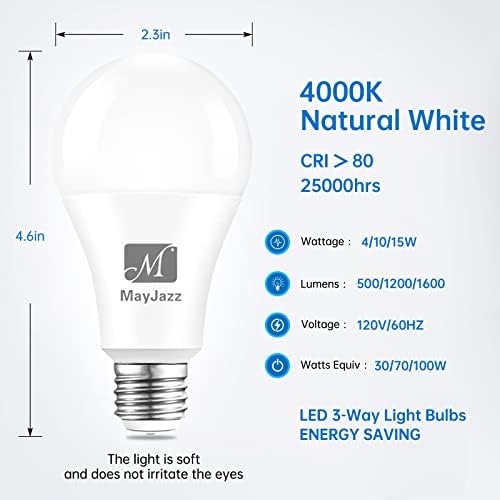 M Mayjazz Bulbos LED de 3 vias 30 70 Equivalente a 100 watts, 4000K White Natural, A19 E26 LED