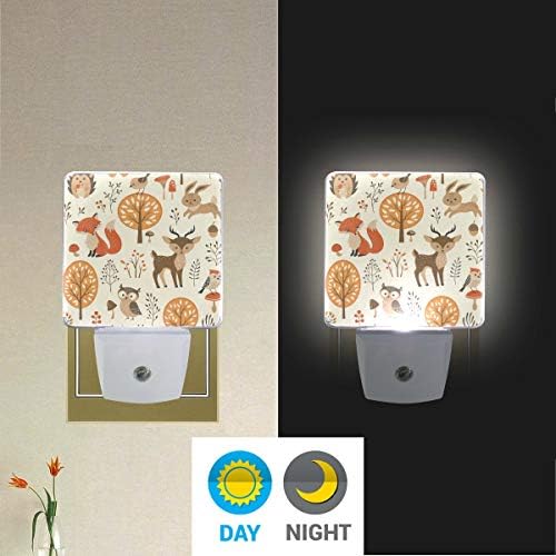 Conjunto Alaza de 2 Autumn Forest Jungle Animal Fox Deer Rabbit Led Night Lamp Lamp Dusk to Dawn Sensor
