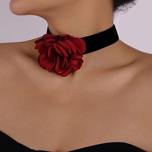 Colar de veludo de veludo preto zeshimb colar de flor vermelha colar de flores de rosa 3d colar elástico