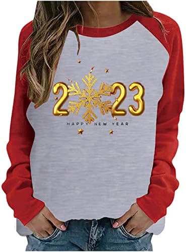 Feliz Ano Novo 2023 Camisas para Mulheres Moda Bloco de Colorções Crewneck Sorto Camisetas Casuais