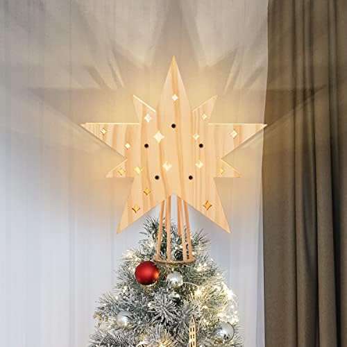 Creawoo Star Christmas Tree Topper Led Wooden iluminado Treetop com decoração de Natal de design