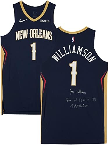 Zion Williamson New Orleans Pelicans autografou o jogo 1 Jersey da Marinha vs. Bulls de Chicago