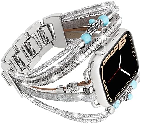 Banda BOHO feita à mão compatível com Apple Watch Band 41mm 40mm 38mm, pulseira de couro retro de contas para mulheres,