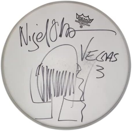 Nigel Olsson assinou o Autograph 14 Stage usou Drumhead com Art Sketch D - James Spence Carta