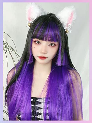 Hylign Long Purple Black Wig Silky reto sintético resistente ao calor Bangs Halloween Figurinos de cabelo para