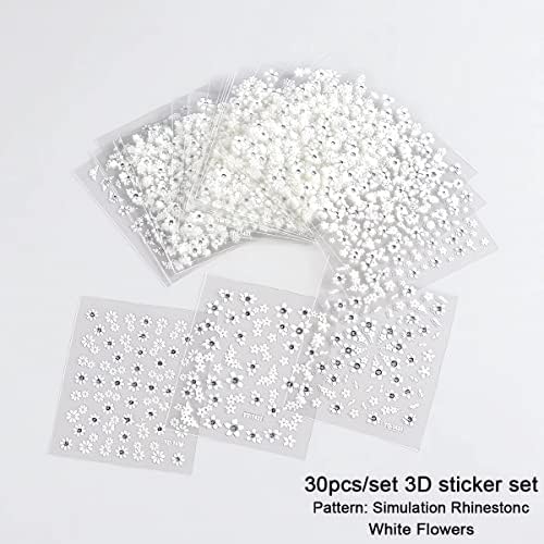 30 lençóis adesivos de arte de flor de flor decalques brancos de flor com strass designs 3d decalques