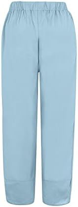 Calças Capri Casual para mulheres de algodão de cintura alta calças de linho de linho de linho floral perna larga