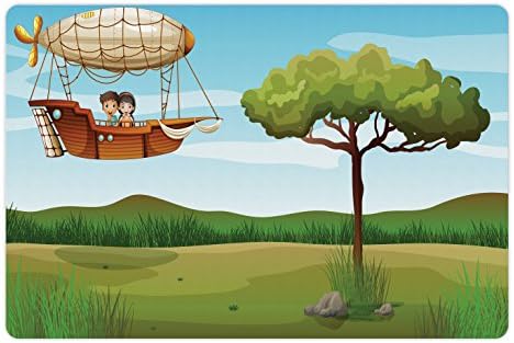 Ambesonne Explore o tapete de animais de estimação para comida e água, menina e menino em um zeppelin