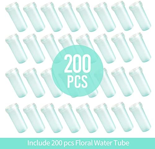 Kejjnyer 200 Pack Tubos de água de flor, 1-5/8 polegada clara de frascos florais plásticos verdes com tampas
