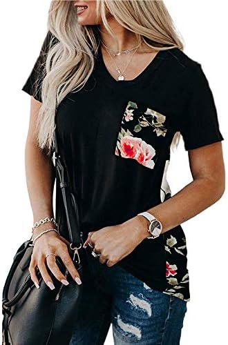 Camisas para mulheres verão V camisetas T Túnica solta de manga curta Blusa de retalhos de retalhos