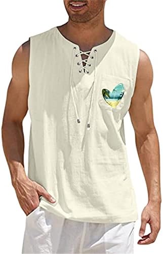 Tanques de linho de algodão masculino do ZDDO Tampas de verão Lace Up Up V Camisetas de colete sem mangas de pescoço