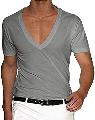 ADUWOAN V Camiseta do pescoço para masculino Músculo curto Low Cut Cut Deep Vneck Tee Workout Athletic umidade