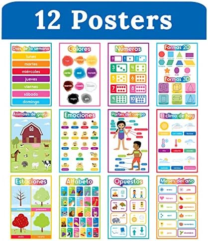 Carson Dellosa Posters espanhóis para sala de aula, gráficos de aprendizagem bilíngue para Prek, jardim de infância