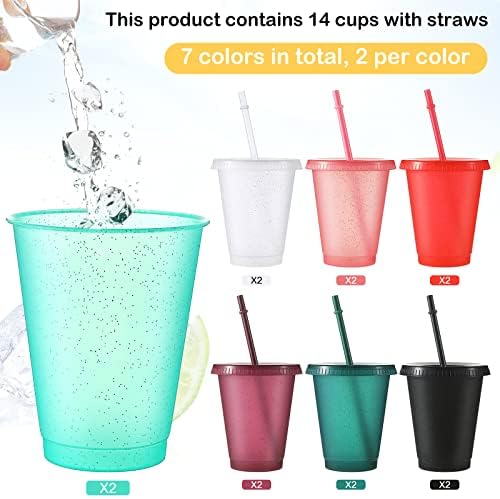 14 pacotes Kids Glitter Glitter Reusable Cups com palha e tampa de água xícara de água gelada xícara